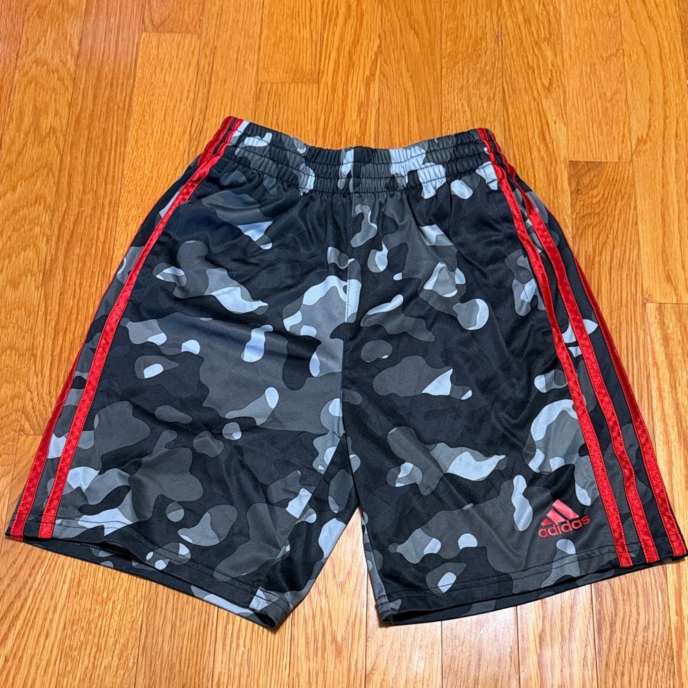 adidas Kids Black & Gray Camo Shorts with Red Stripes